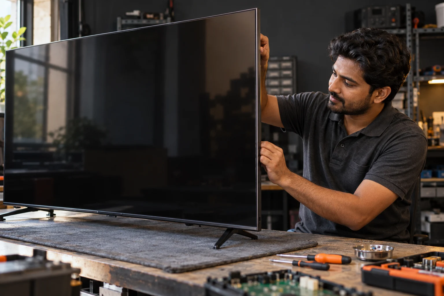 Illustrative view of a technician examining a television in a repair workshop